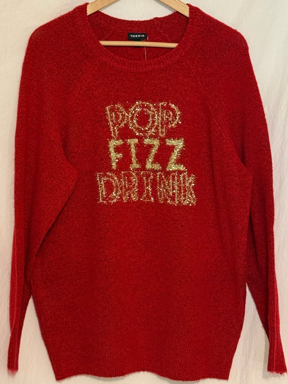 Torrid Red Pop Fizz Drink Gold Tinsel Graphic Holiday Crew Neck Sweater Size Lg